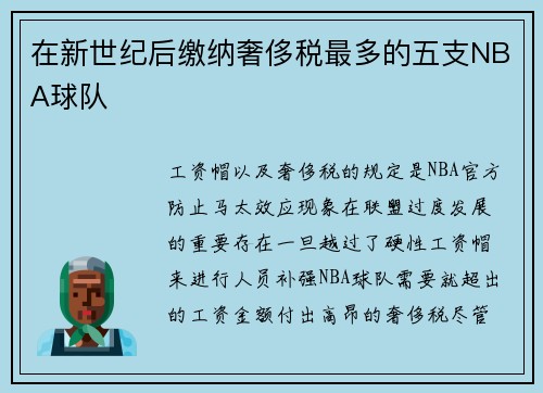 在新世纪后缴纳奢侈税最多的五支NBA球队